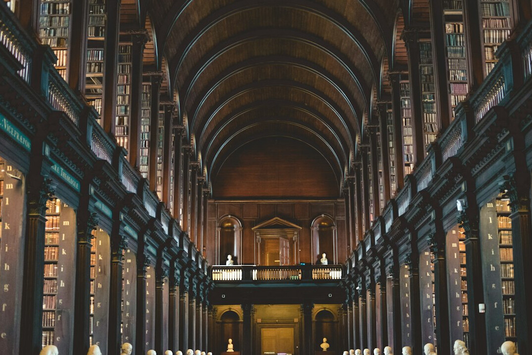 Tall bookshelves in an old library